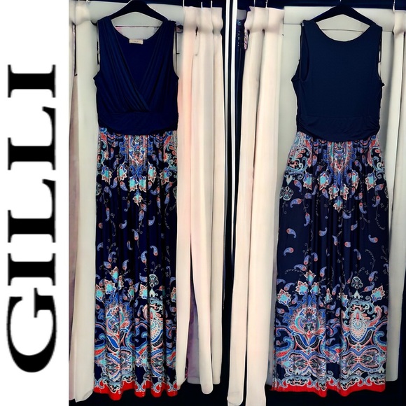 GILLI MAXI DRESS. SLEEVELESS SURPLICE NAVY BLUE + PAISLEY DRESS. LIKE NEW! - Picture 1 of 14